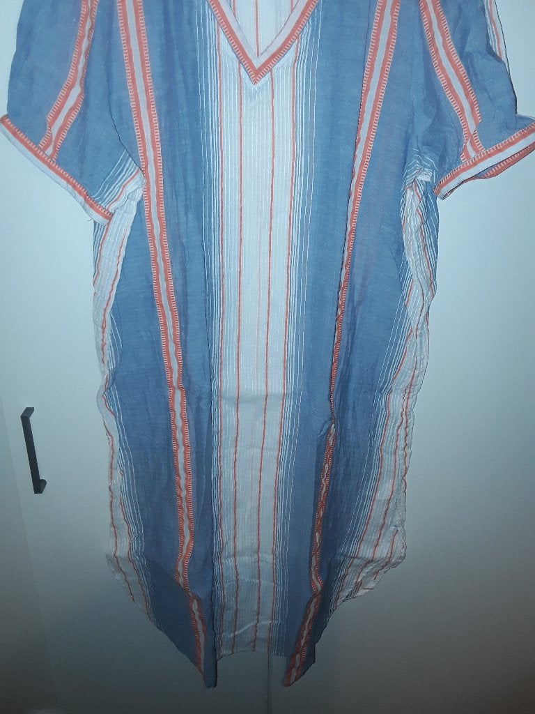 Ulla Popken Blauw/Wit/Rode Gestreepte Jurk Met V-hals Mt XL, Blauw, Maat 46/48 (XL) of groter, Ulla Popken, Ophalen of Verzenden