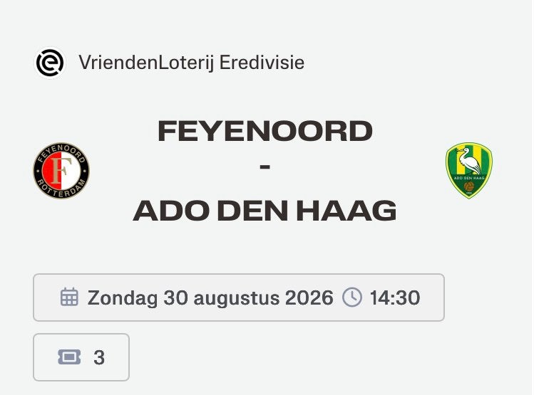 TE KOOP | 3x | tickets | kaarten | Feyenoord - ADO Den Haag, Tickets en Kaartjes, Losse kaart, Drie personen of meer, Augustus