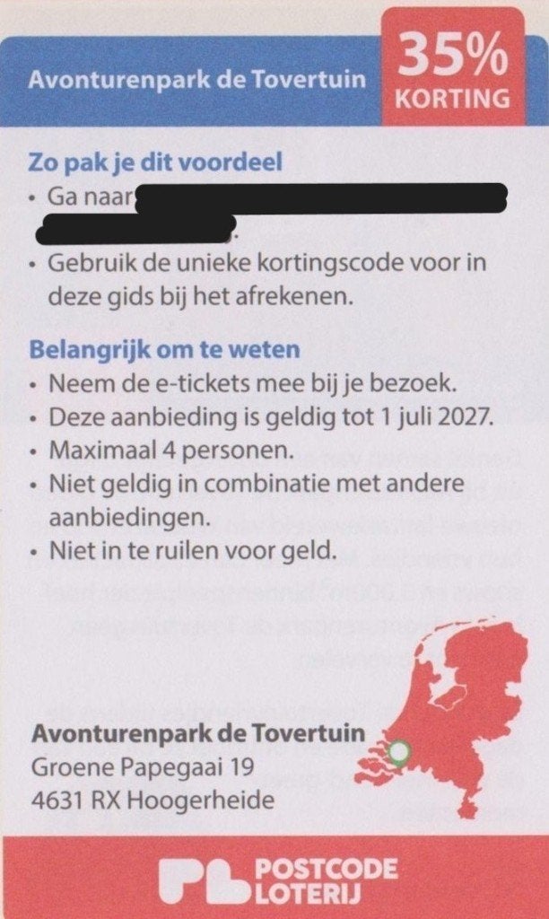 Avonturenpark de Tovertuin. 35% korting. Hoogerheide., Drie personen of meer, Kortingskaart