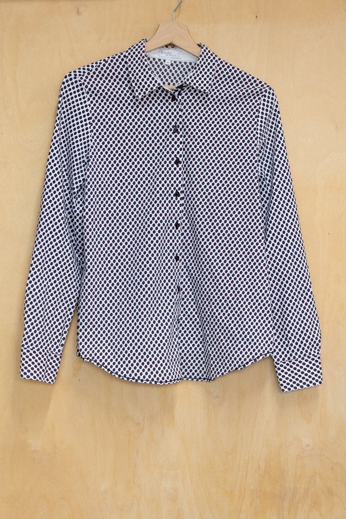 Erfo Polkadot katoenen blouse rood wit blauw 38 M, Kleding | Dames, Blouses en Tunieken, Maat 38/40 (M), Blauw, Erfo, Ophalen of Verzenden