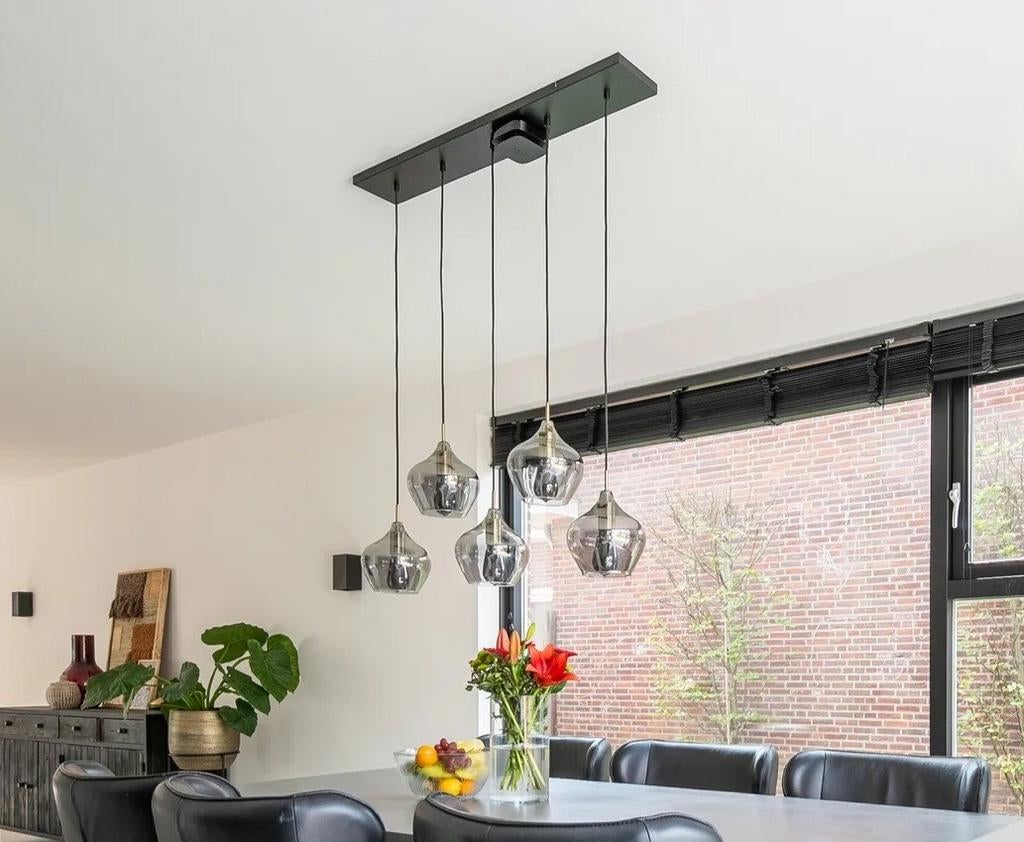 Light & Living Eetkamer hanglampen smoke glass 5-lamps, Ophalen, Zo goed als nieuw, Glas, Minder dan 50 cm