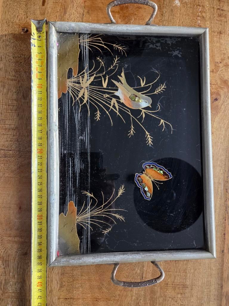 Vintage dienblad met glasplaat, vogel en vlinder decoratie, Ophalen of Verzenden, Gebruikt, Rechthoekig, Metaal