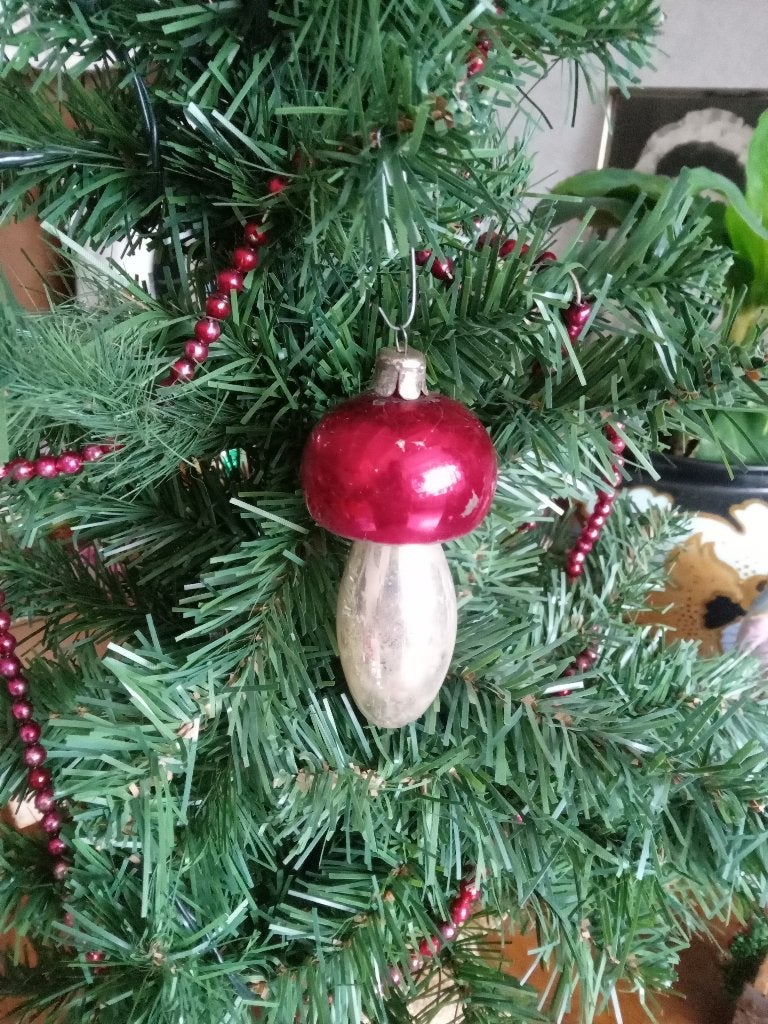oude glazen kerstbal model paddestoel, Diversen, Kerst, Ophalen of Verzenden, Gebruikt