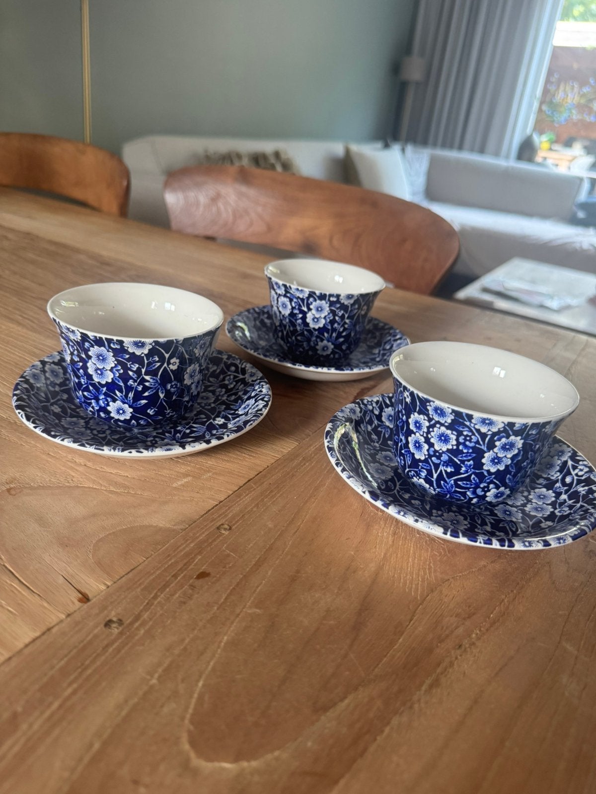 3 Calico Burleigh kop en schotel/servies/blauw, Antiek en Kunst, Ophalen of Verzenden