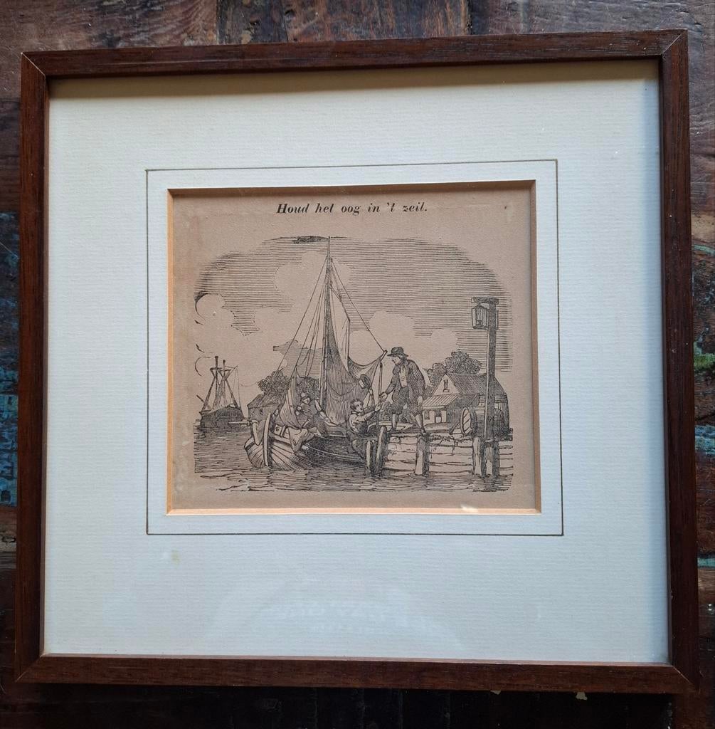 Litho "Houd het oog in 't zeil" uit 1850, Antiek en Kunst, Kunst | Etsen en Gravures, Ophalen of Verzenden