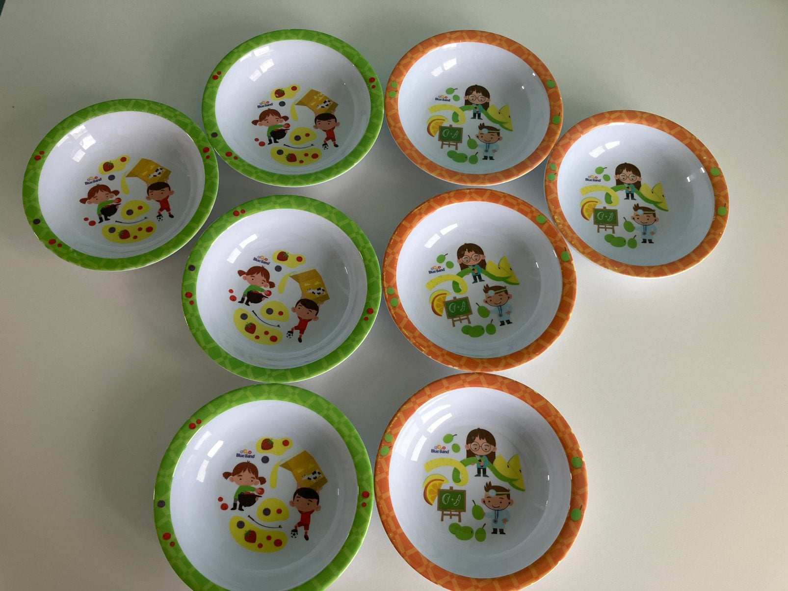 Blue Band schaaltjes 8 stuks oranje/groene rand, Overige typen, Ophalen of Verzenden, Gebruikt, Kunststof