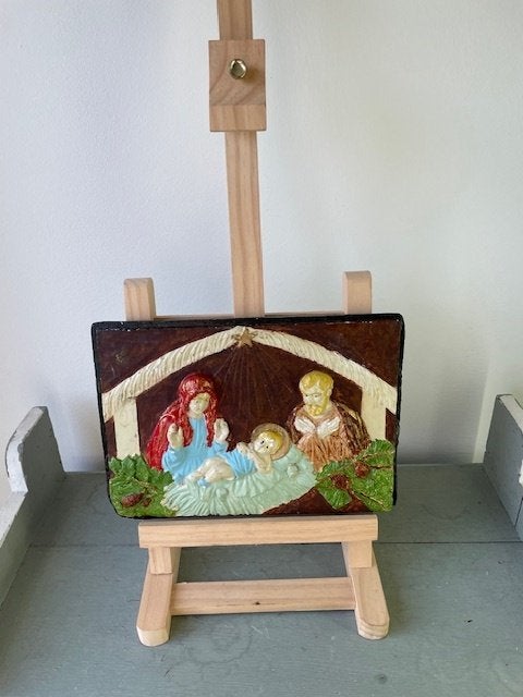 Vintage plaquette van steen. Kerstmis kersttafereel geboorte, Ophalen, Gebruikt