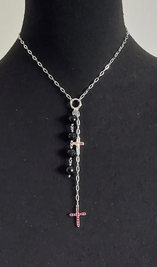 Zilveren ketting met hanger met kruisjes en onyx 925 zilver, Sieraden, Tassen en Uiterlijk, Kettingen, Ophalen of Verzenden, Zilver