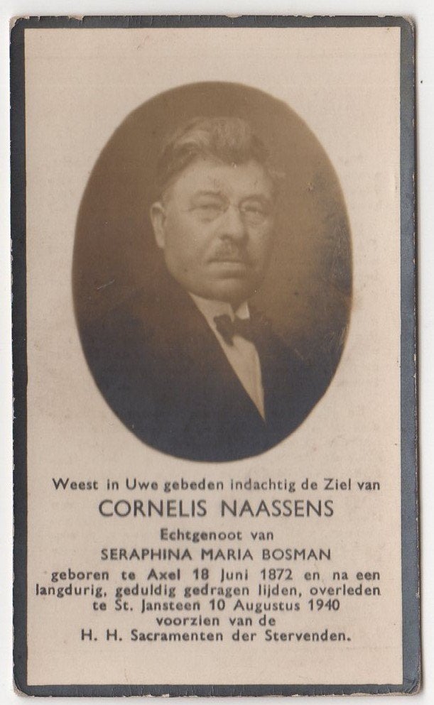 Cornelis Naassens 1872 Axel + 1940 St. Jansteen, 68 jaar oud, Ophalen of Verzenden