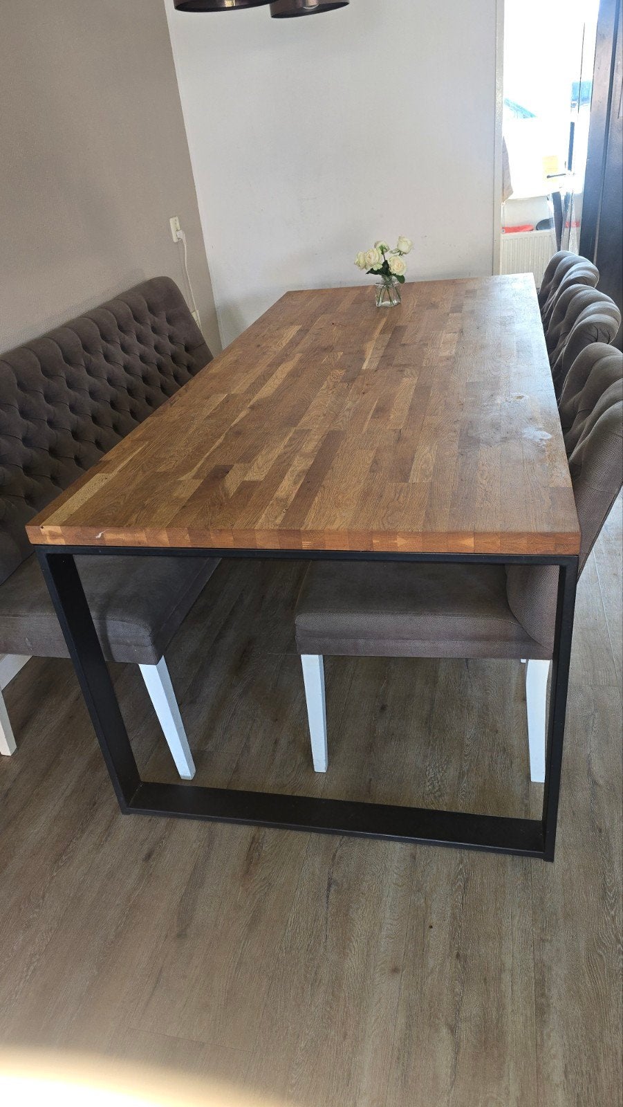 Stevige eettafel met bijpassende bank, Huis en Inrichting, Tafels | Eettafels, Ophalen, Gebruikt, 50 tot 100 cm, Vijf personen of meer
