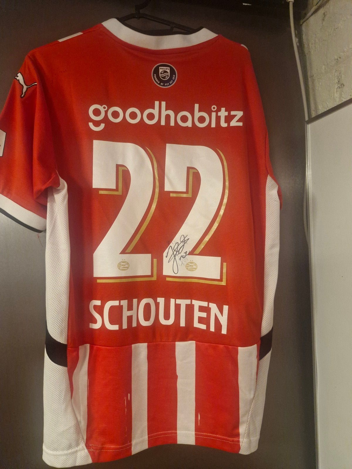 Gesigneerd PSV shirt van Schouten - Maat L, Ophalen of Verzenden, Zo goed als nieuw, Voetbal, Rood