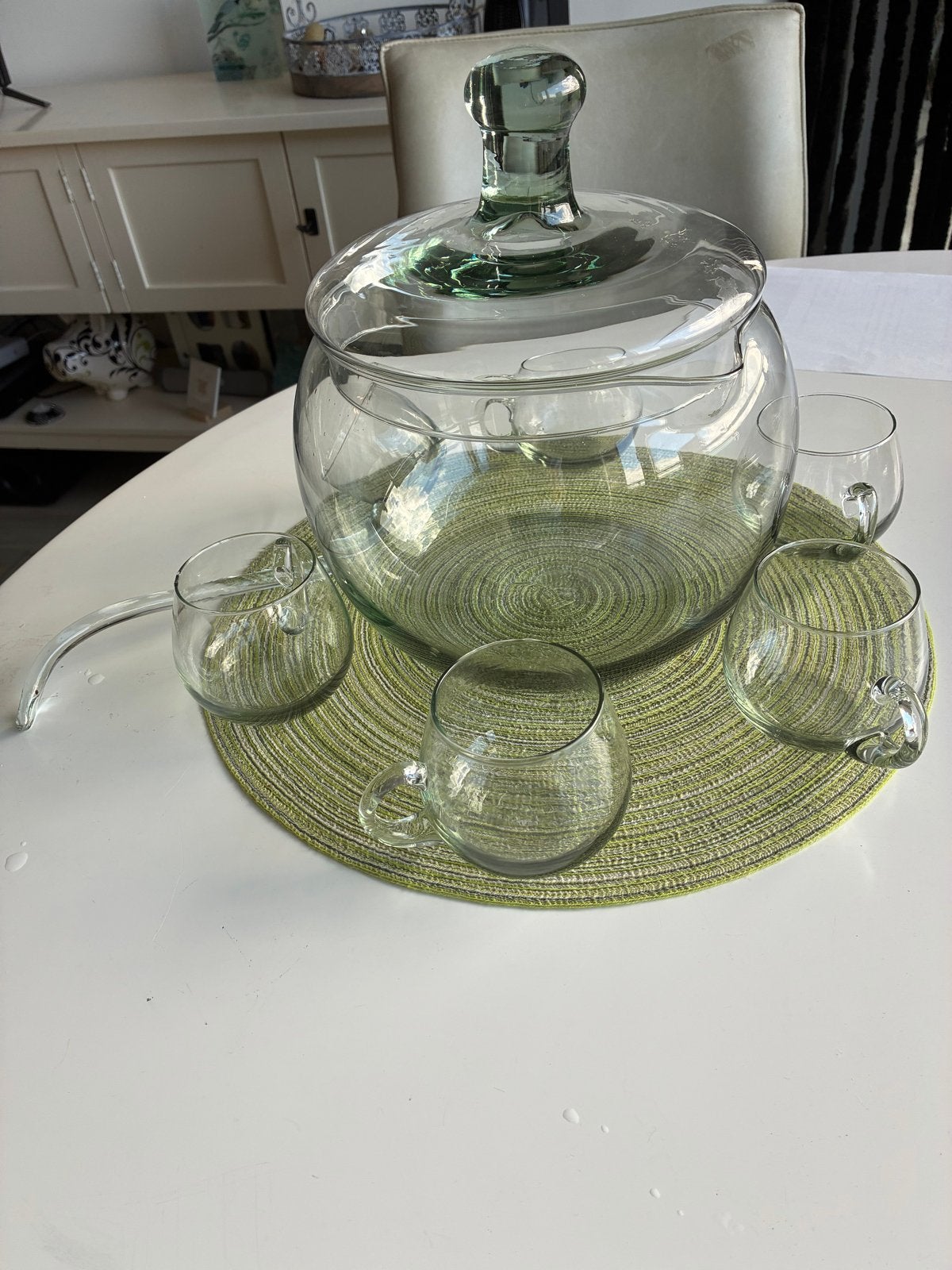 Glazen punchkom met deksel, lepel en 5 kopjes, Ophalen, Gebruikt