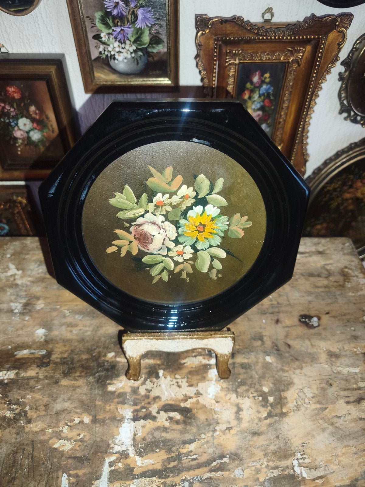 oud schilderijtje schilderij lijst stilleven bloemen Y67, Antiek en Kunst, Ophalen of Verzenden