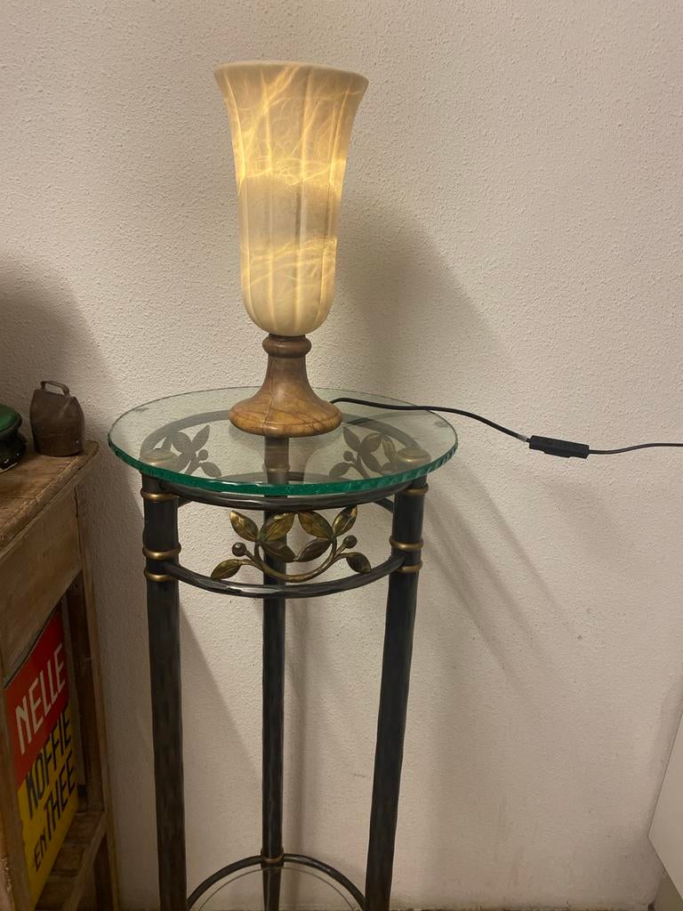 Tafellamp albast met marmeren kap, Huis en Inrichting, Ophalen of Verzenden, Gebruikt, Hout, Minder dan 50 cm