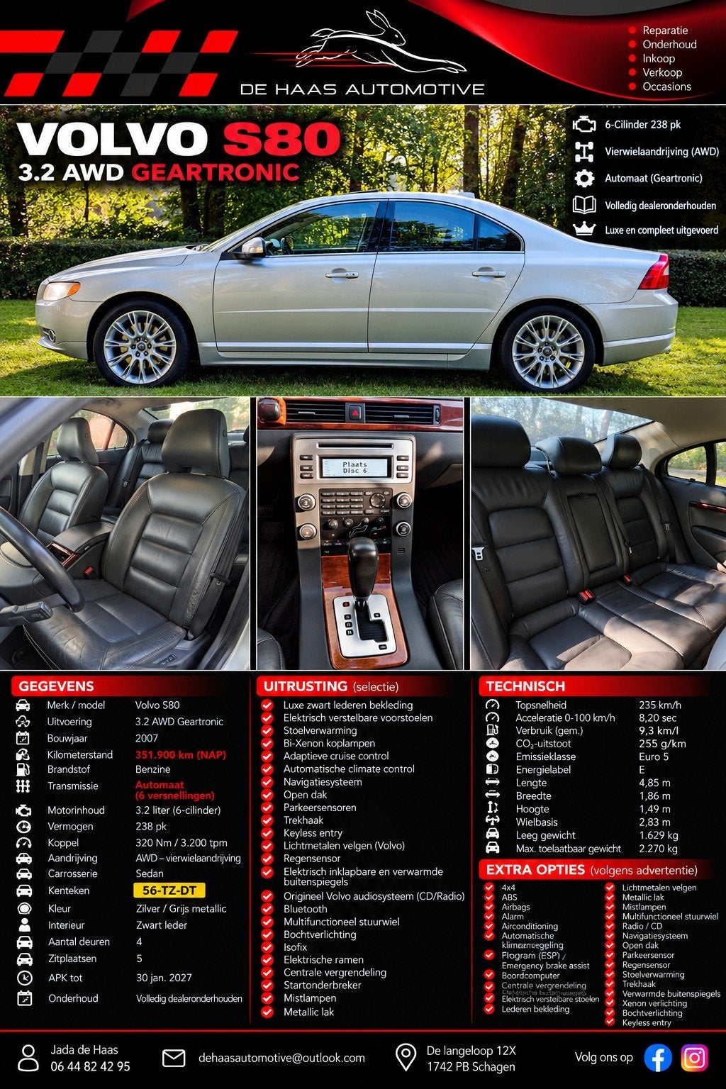 Volvo S80 3.2 AWD 238PK | FOUR-C | 6-Cil. | Vol. dealerond., Auto's, Automaat, 238 pk, 1800 kg, Zwart