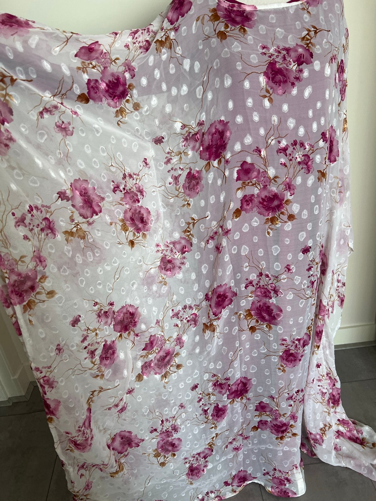 Bloemenprint Kaftan - Wit met Roze Bloemen, 120 cm of meer, Wit, 200 cm of meer, Ophalen of Verzenden