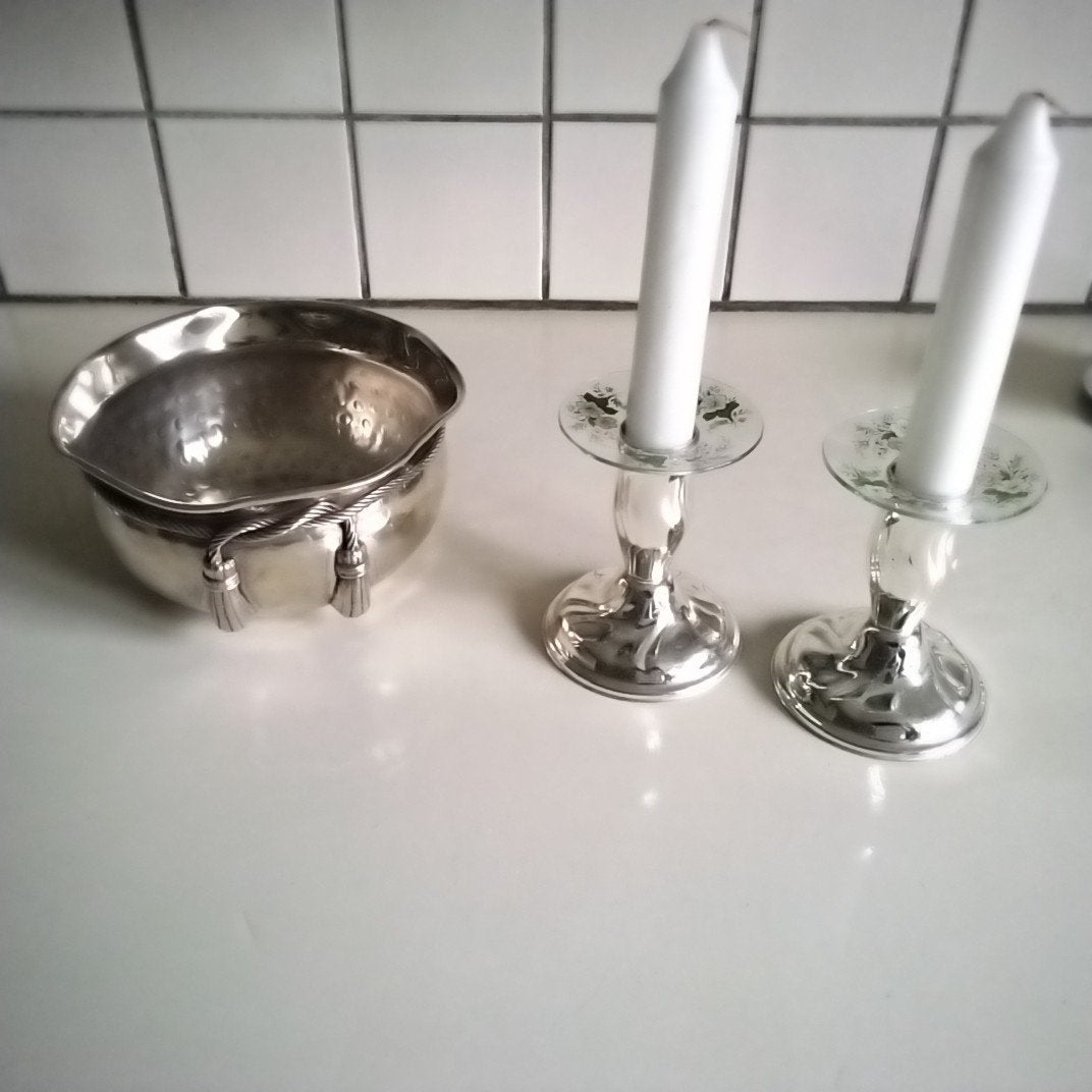2 verzilverde kandelaars  en schaaltje, Ophalen of Verzenden