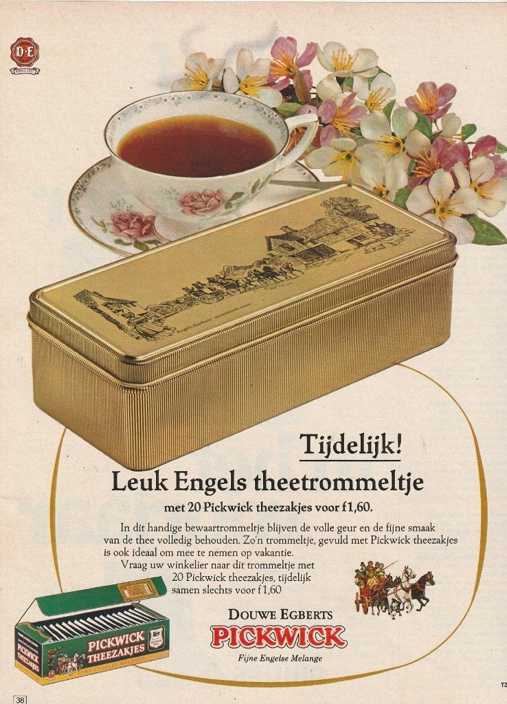 retro reclame 1969 Pickwick thee geel trommeltje blikje, Verzenden, Overige typen