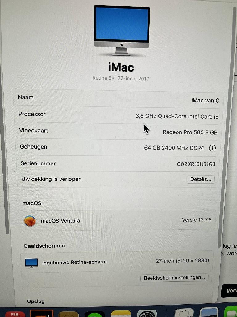 iMac 2017 27 inch 5K retina, i5 (3,8Ghz), 2TB, 64Gb, Computers en Software, Apple Desktops, Ophalen, 64 GB of meer, Gebruikt, HDD en SSD
