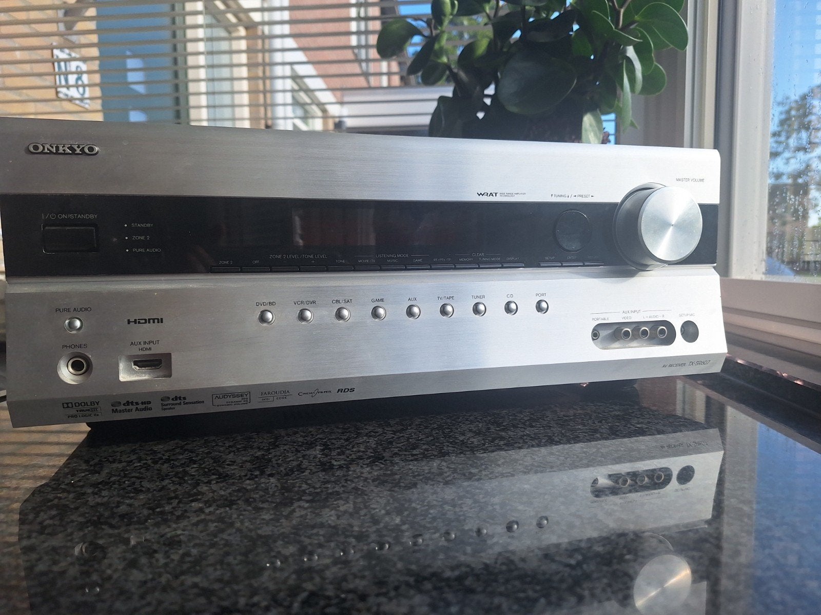 Onkyo TX-SR607 AV Receiver met Mission M3C2 Center, MS8 subw, Ophalen, Gebruikt, 120 watt of meer, Onkyo