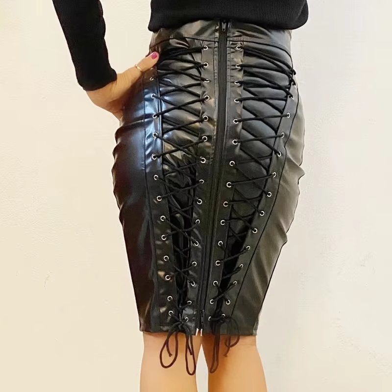 Zwarte leren dames korset rok met rits, Maat 38/40 (M), Verzenden, Zwart, Nieuw