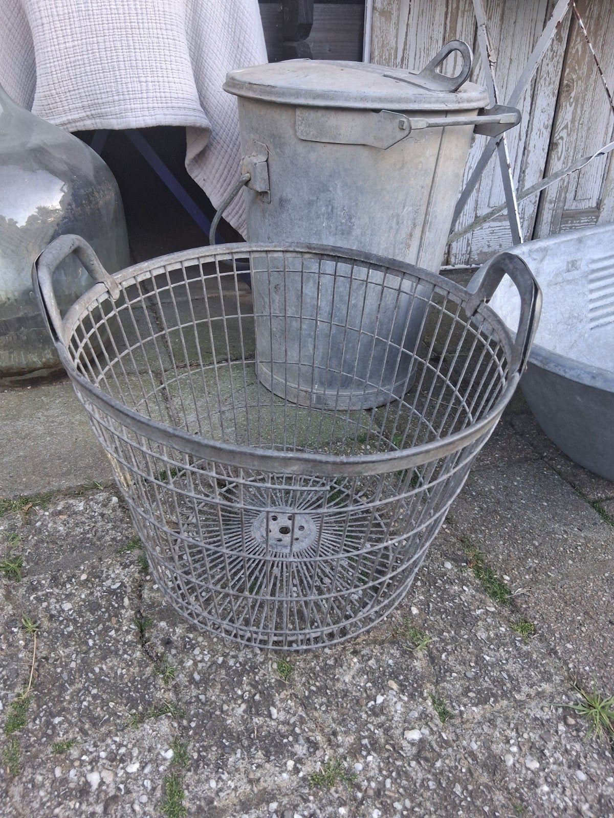 Zinken draadmand, aardappelmand, korf, brocante, Antiek en Kunst, Curiosa en Brocante, Ophalen of Verzenden