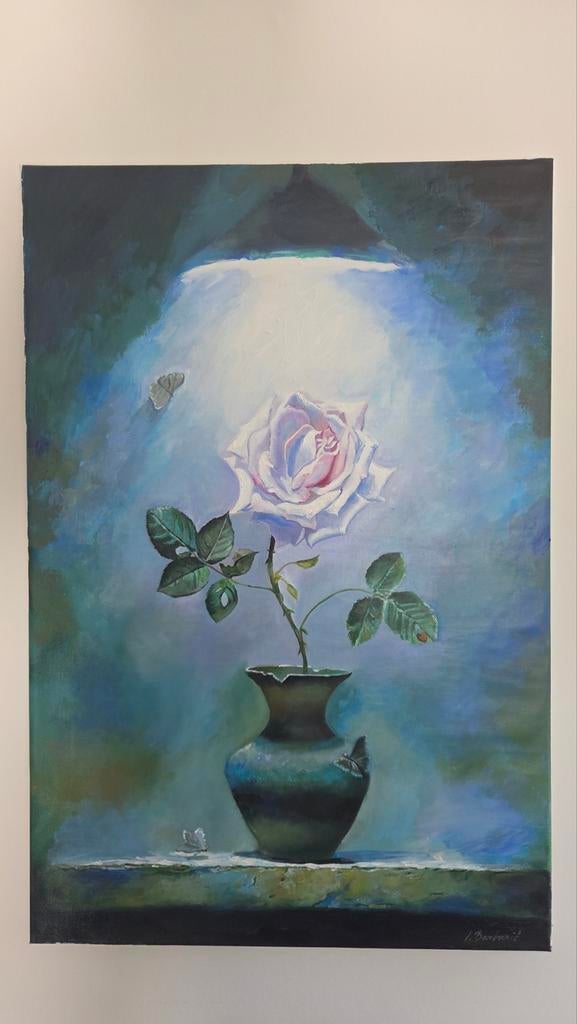 Olieverfschilderij op doek – Witte Roos in Vaas, Antiek en Kunst, Ophalen of Verzenden