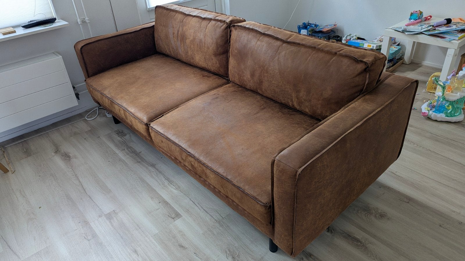 Driezitsbank en fauteuil (bruin) - Zo goed als nieuw!, Huis en Inrichting, Ophalen, Modern, Industrieel, Driepersoons, 75 tot 100 cm