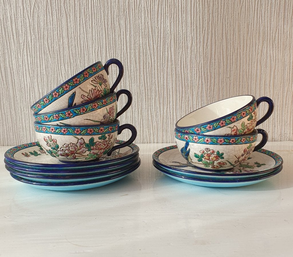Set 5 antieke Longwy kop & schotels–ca 1930–Perfecte staat!, Ophalen of Verzenden