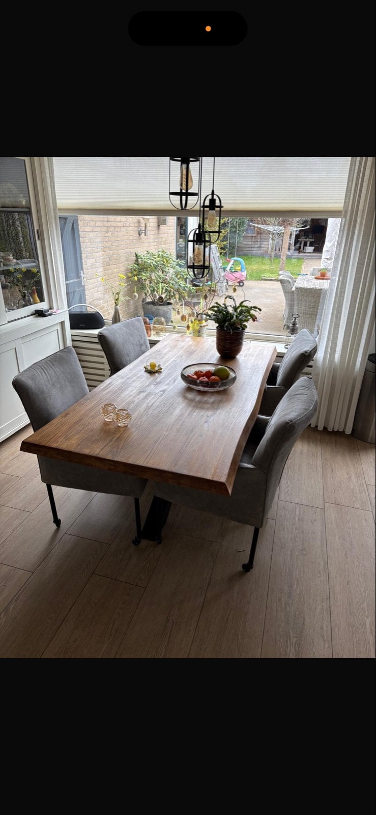 Eettafel met 4 stoelen - Hout en stof In prijs verlaagd, Gebruikt, Ophalen of Verzenden, Vier, Grijs