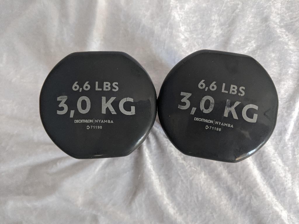 zgan. Set 2 halters 3 kg, Decathlon, gewichten, fit sporten, Ophalen of Verzenden, Zo goed als nieuw, Armen, Halterset