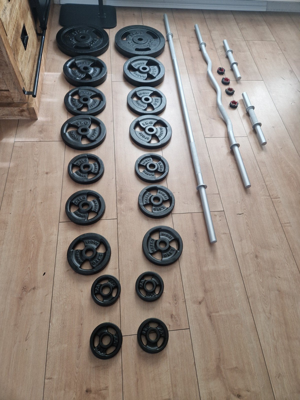 100kg ijzer gewichten met halterstangen, Sport en Fitness, Ophalen