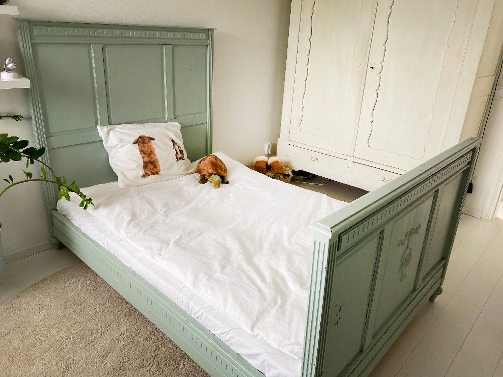 Antieke handgemaakte ‘twijfelaar’ ('1,5p' bed), Ophalen, Gebruikt, 100 cm of meer, Lattenbodem