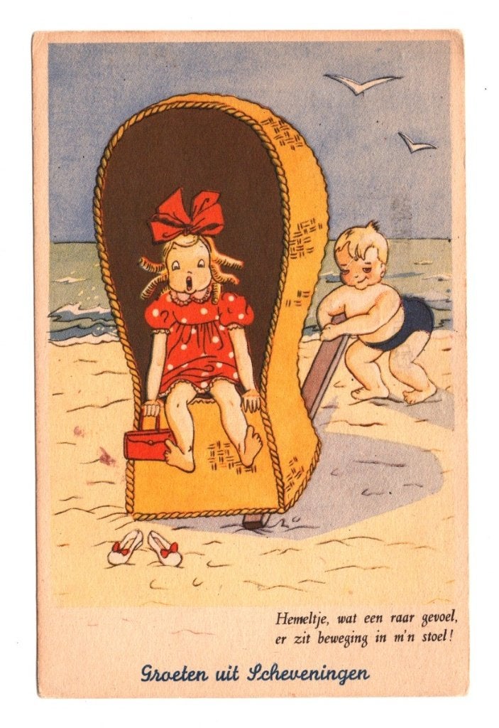 Oude Ansichtkaart Scheveningen Strandstoel Gelopen 1956, Ophalen of Verzenden, 1940 tot 1960, Gelopen, Kinderen