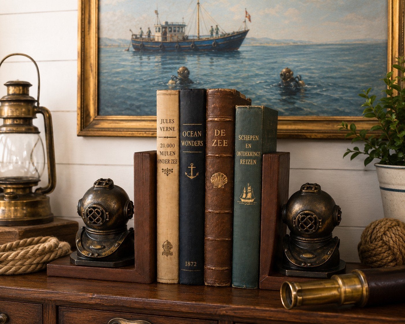 Vintage nautische boekensteunen ( duikhelmen) set, Antiek en Kunst, Antiek | Woonaccessoires, Ophalen of Verzenden