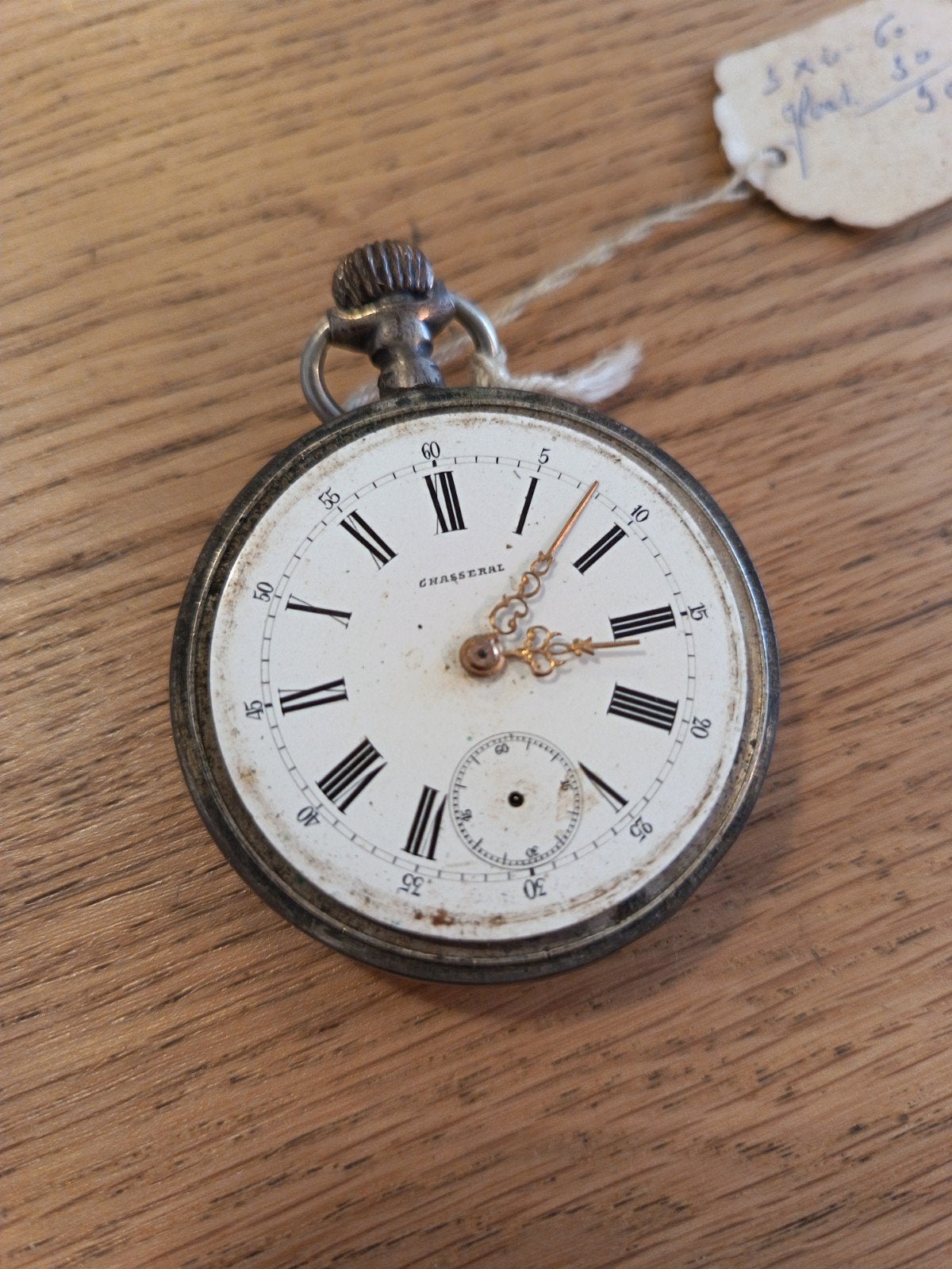 Antiek Zilveren Chasseral zakhorloge - loopt, met schade, Ophalen of Verzenden