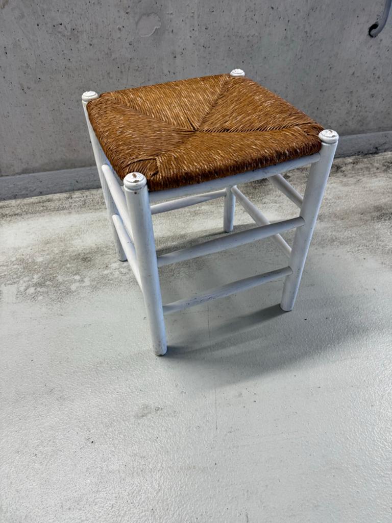 Vintage Houten Kruk met Biezen Zitting, Jaren '60, Ophalen, Gebruikt, X, Hout