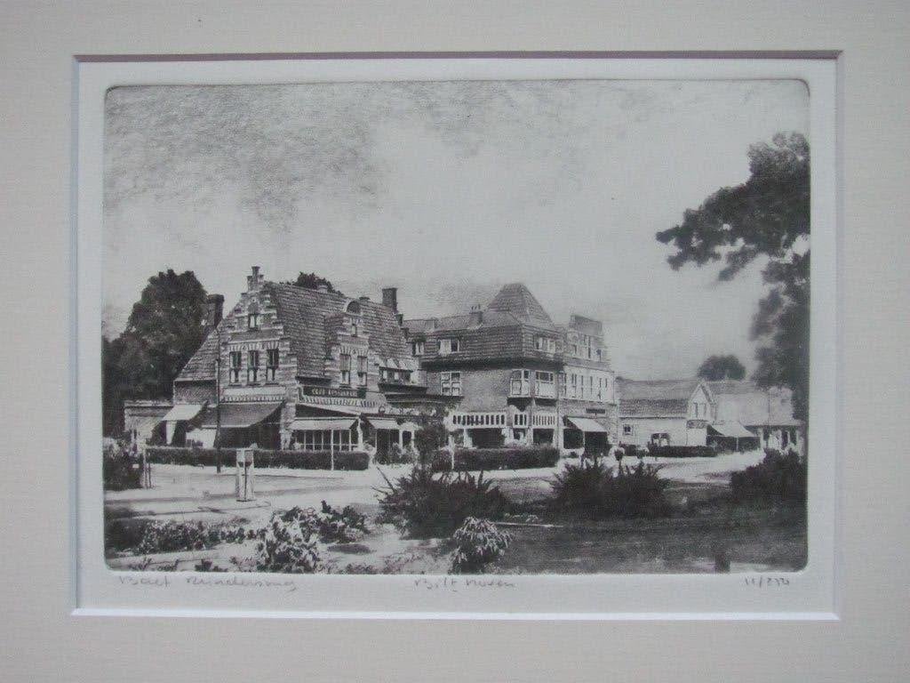 De Bonte Koe Bilthoven - ets van Bart Reindersma, Origineel, 19 cm, Architectuur, Ophalen of Verzenden