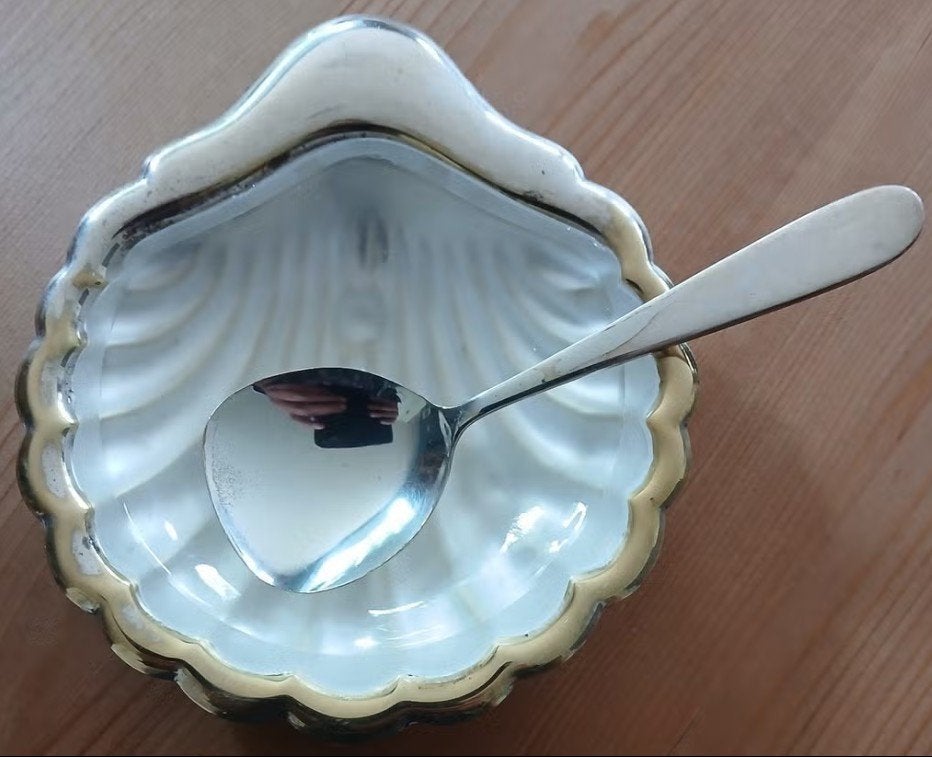 Vintage schelpvormige schaal met lepel, Ophalen of Verzenden