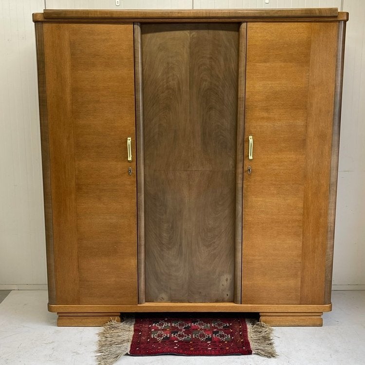 Prachtige antieke vintage Art Deco 3deurs kledingkast linnen, Ophalen, Met plank(en), 150 tot 200 cm, Onbekend