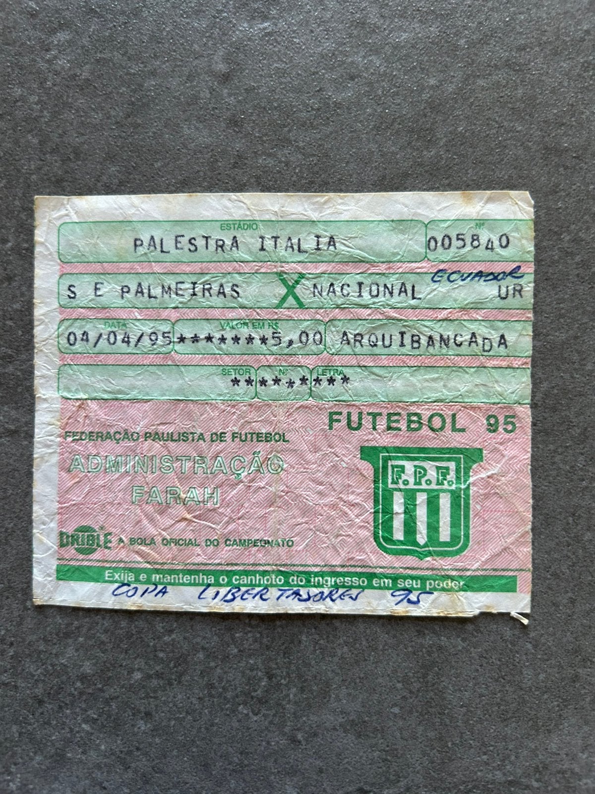 Palmeiras - El Nacional (Ecuador) op 4 april 1995 ticket, Ophalen of Verzenden, Gebruikt, Buitenlandse clubs, Overige typen