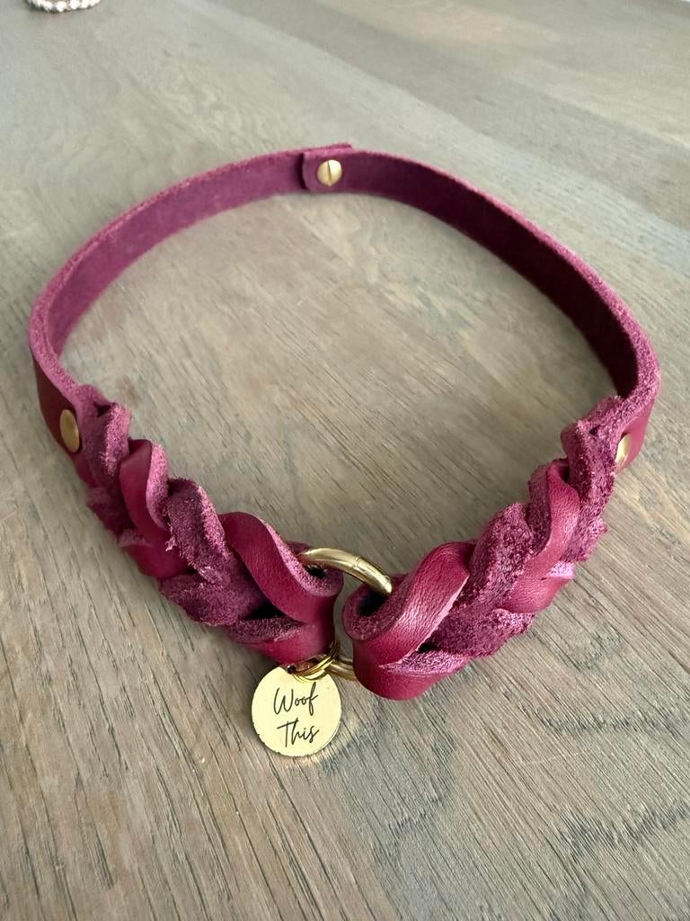 Woof this ID collar halsband vetleer hond wijnrood goud, Dieren en Toebehoren, Ophalen of Verzenden, Handgemaakt, Nieuw