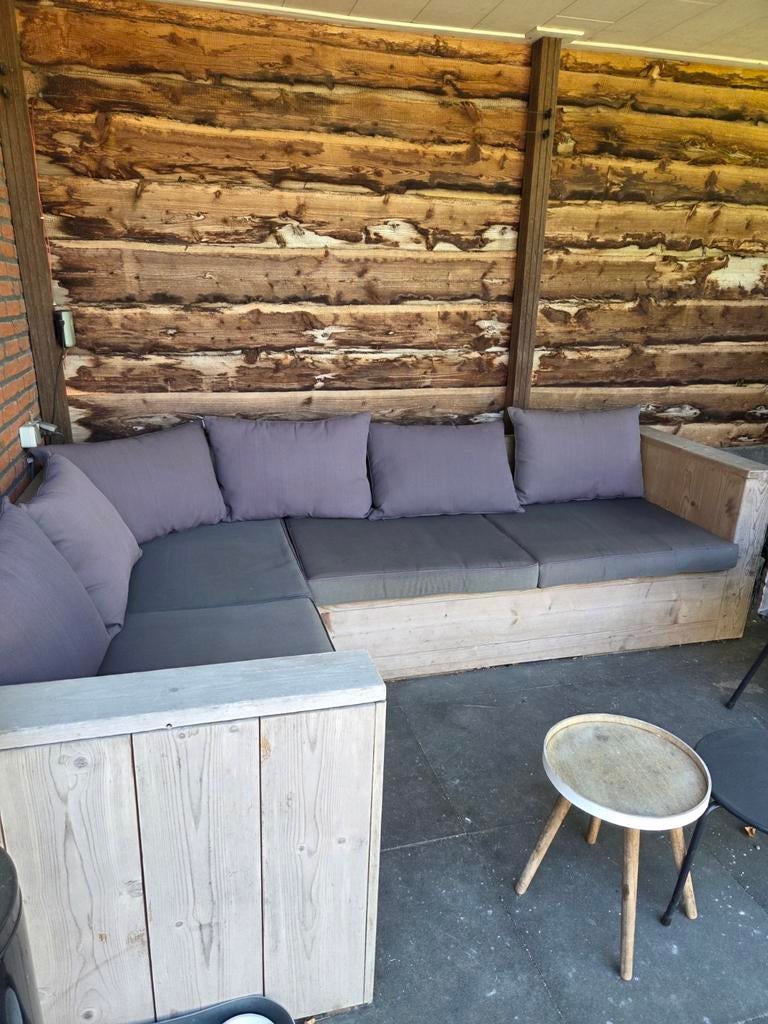 Steigerhouten loungeset met tafel en krukjes, incl. kussens, Ophalen, Gebruikt, Steigerhout, Bank