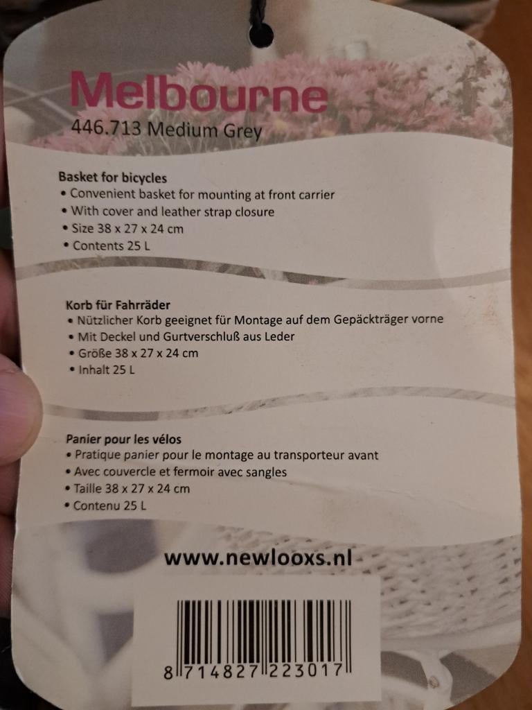 New Looxs Melbourne Fietsmand - Medium Grijs, 25L, Ophalen, New Looxs, Stuurbevestiging, Nieuw