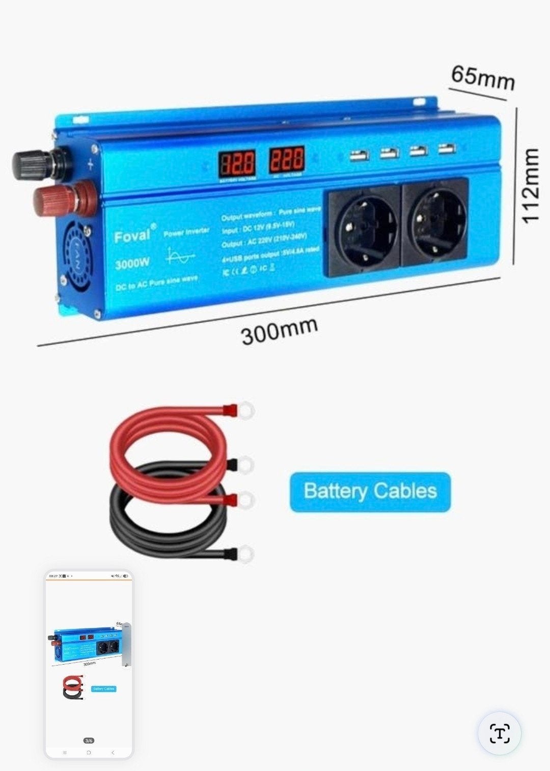 Yinleader Omvormer 12V 230V 1200W/2400W Zuivere Sinus, Ophalen of Verzenden, Nieuw, Universele onderdelen