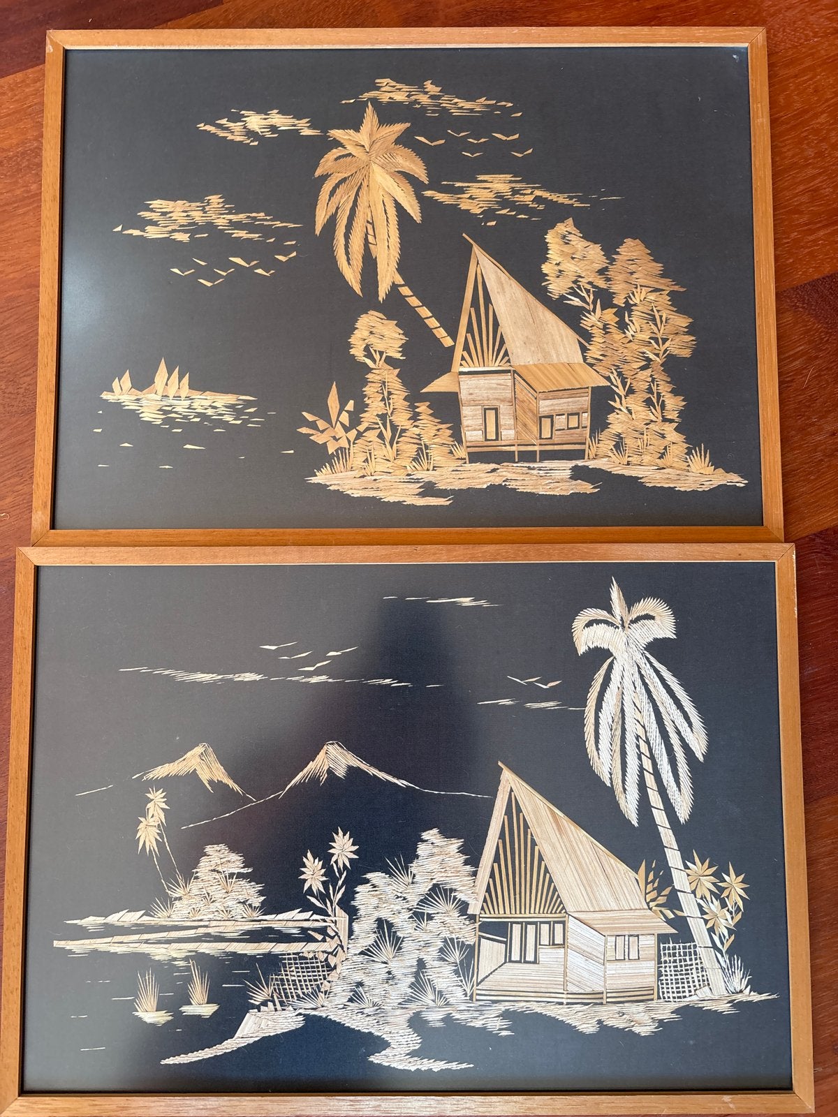 Twee handgemaakte rijststro schilderijen uit Indonesië, Ophalen, Wanddecoratie, Natuurlijk materiaal, Handgemaakt