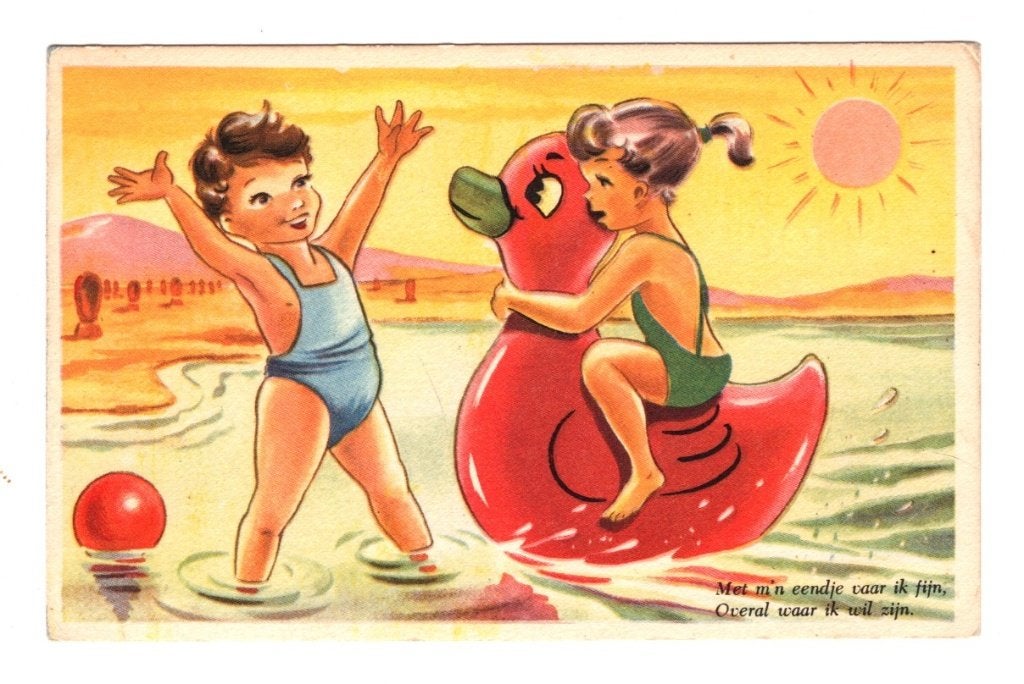 Oude Ansichtkaart Kinderen Strand Opblaasbare Eend, Ophalen of Verzenden, 1940 tot 1960, Ongelopen, Kinderen
