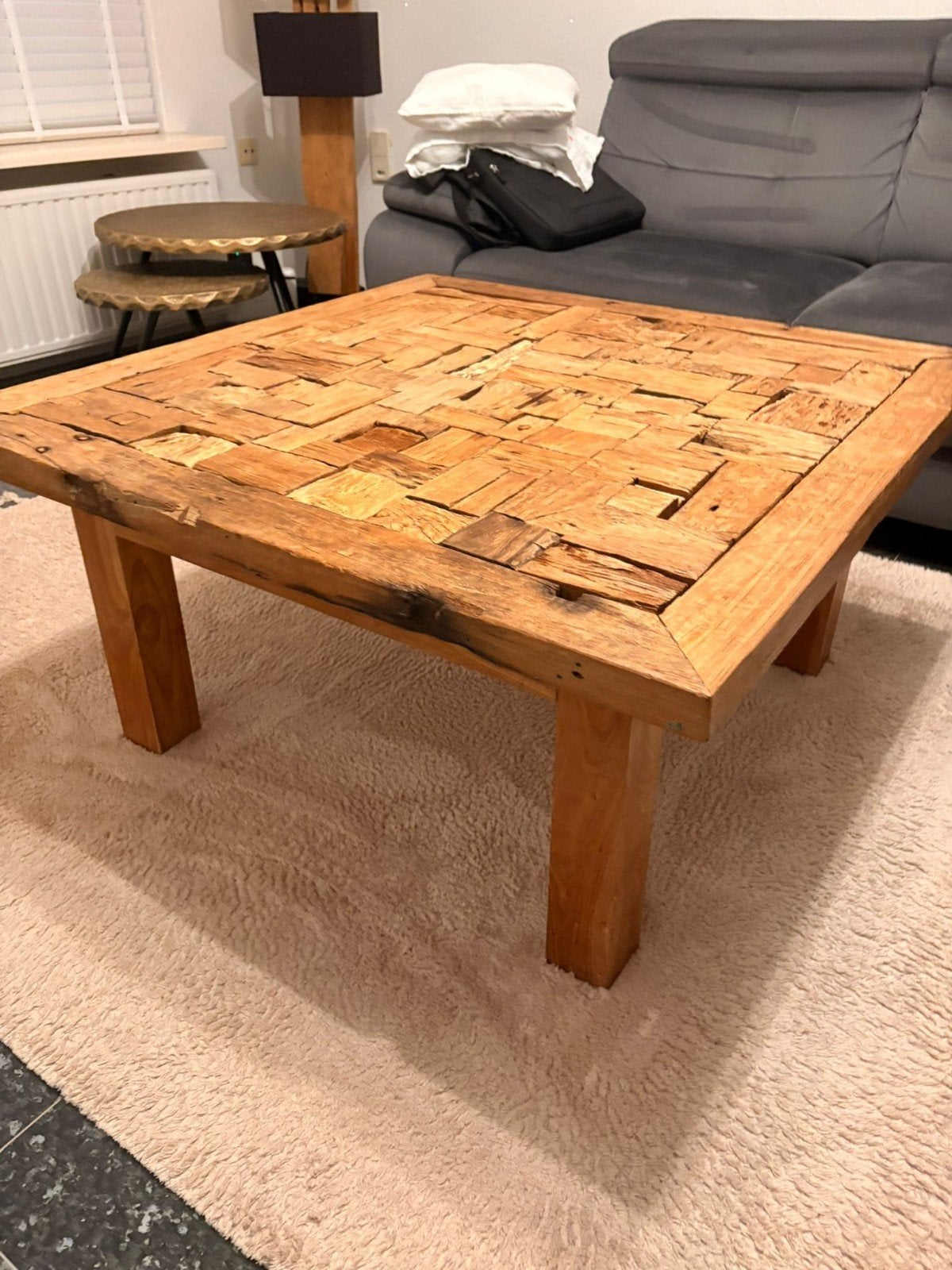 Unieke houten salontafel met mozaïek blad, Huis en Inrichting, Tafels | Salontafels, Ophalen, 100 tot 150 cm, Vierkant, 50 tot 100 cm