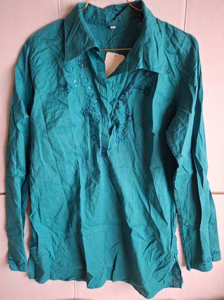 Luxe katoenen blouse petrol met borduursel en kraaltjes, Ophalen of Verzenden, Nieuw, Maat 42/44 (L), Overige kleuren