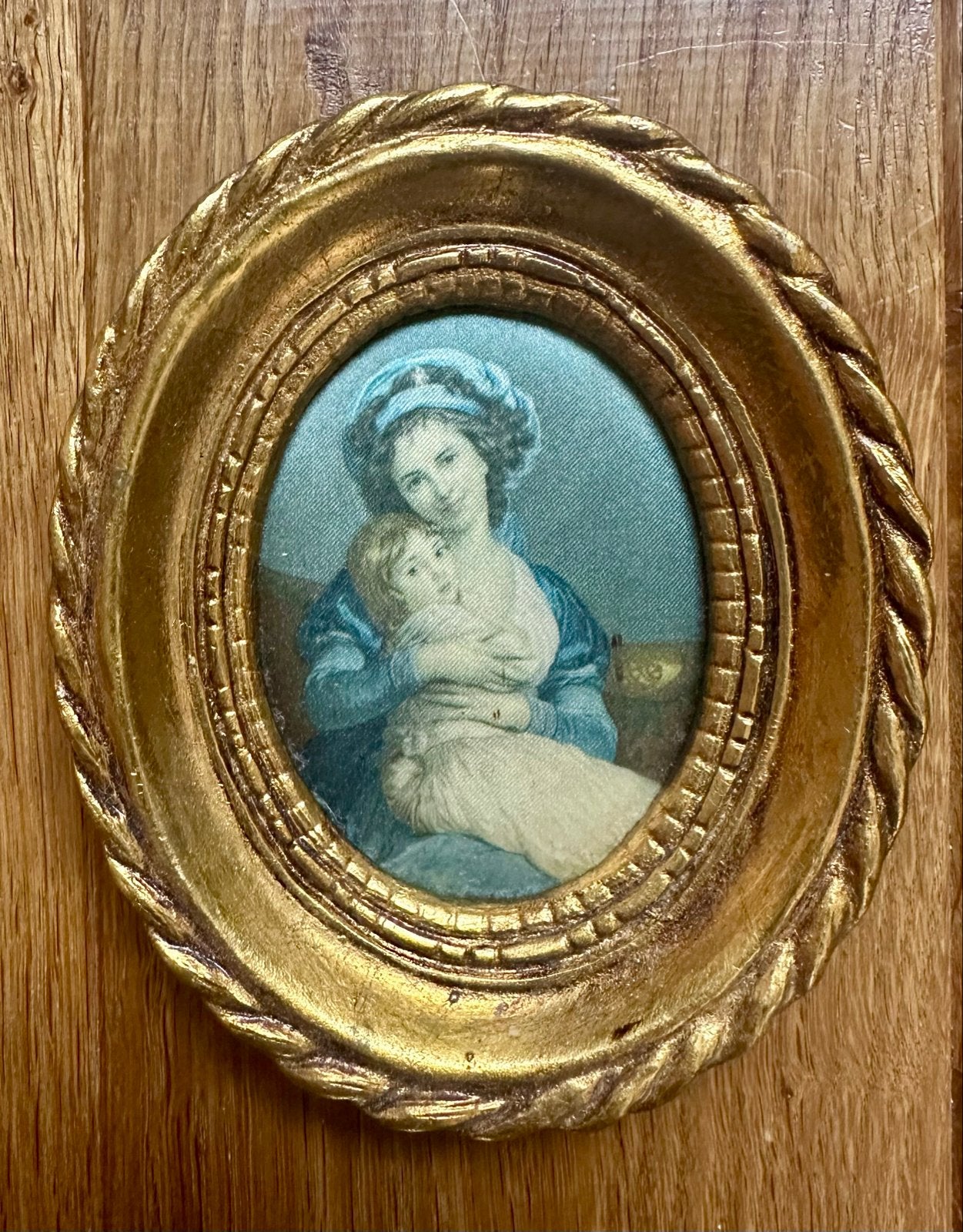 Vintage ovaal miniatuur schilderij Zelfportret met dochter, Ophalen of Verzenden
